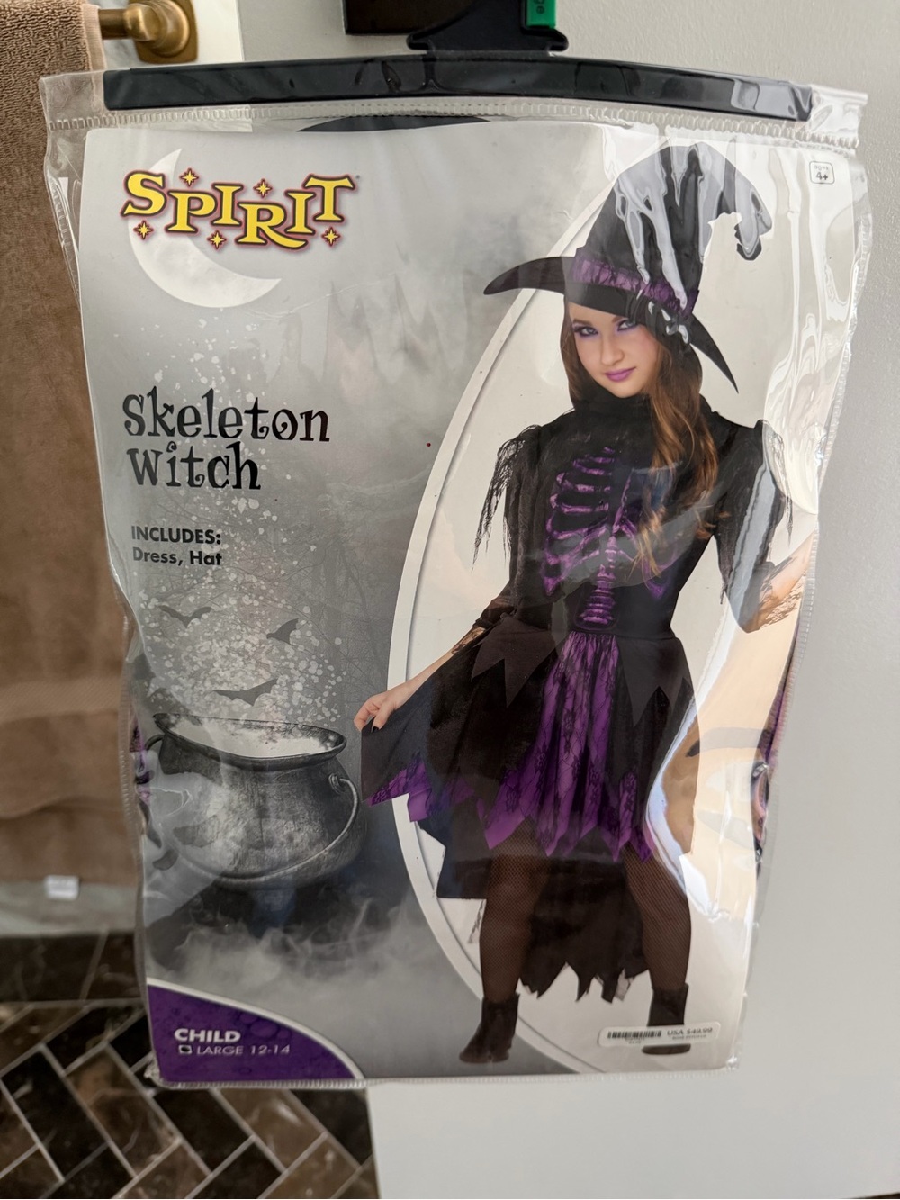 Spirit Halloween Skeleton Witch Costume for Kids - Black & Purple Dress with Hat
